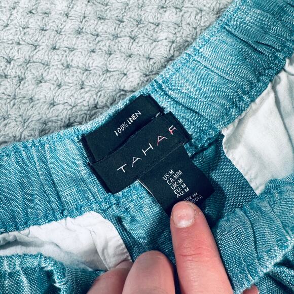 TAHARI LIGHT BLUE LINEN HIGH RISE COMFORT SUMMER LIGHTWEIGHT DRAWSTRING SHORTS - Picture 3 of 3